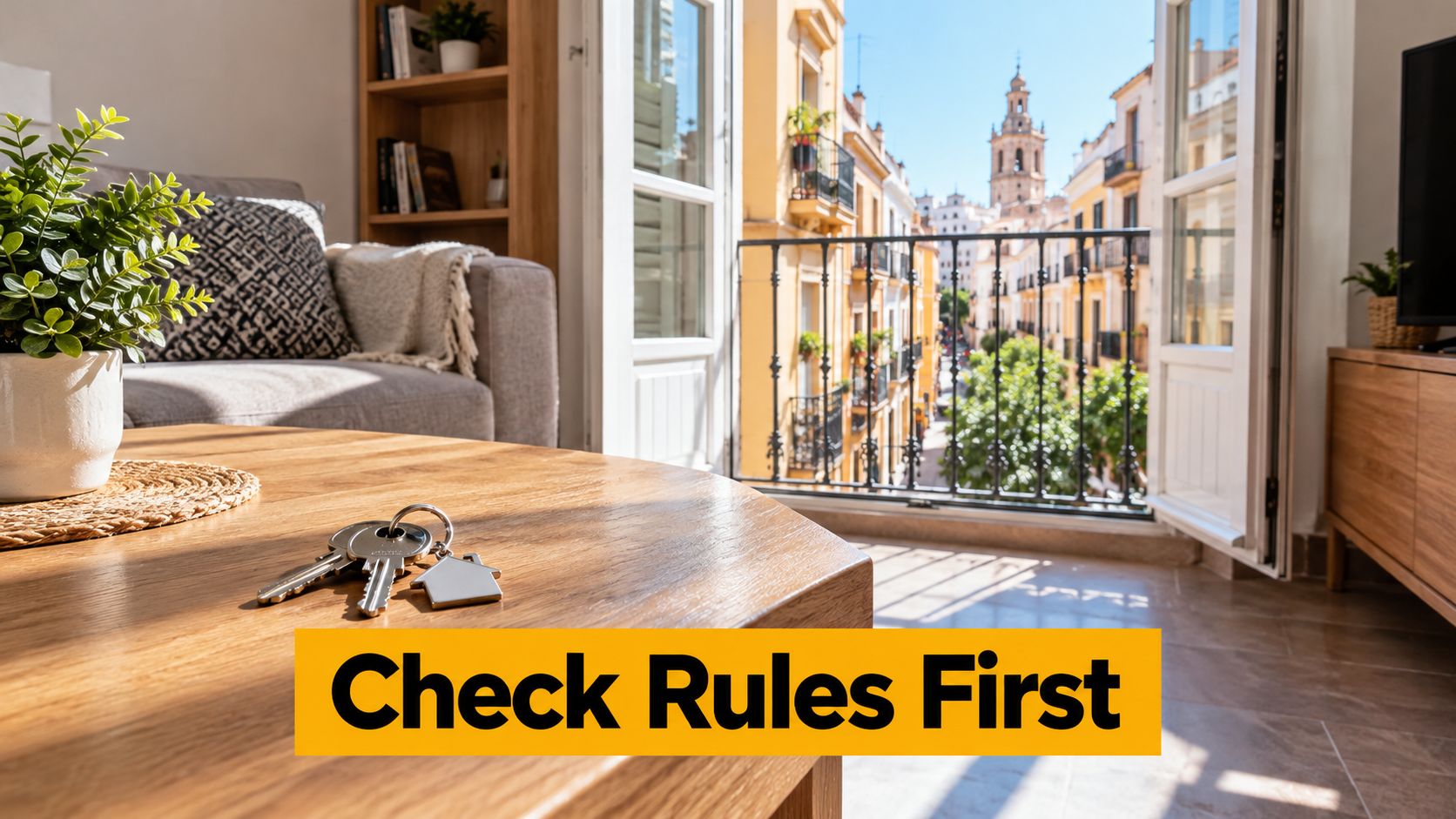 House keys placed on a wooden table in an apartment overlooking a beautiful European city street.