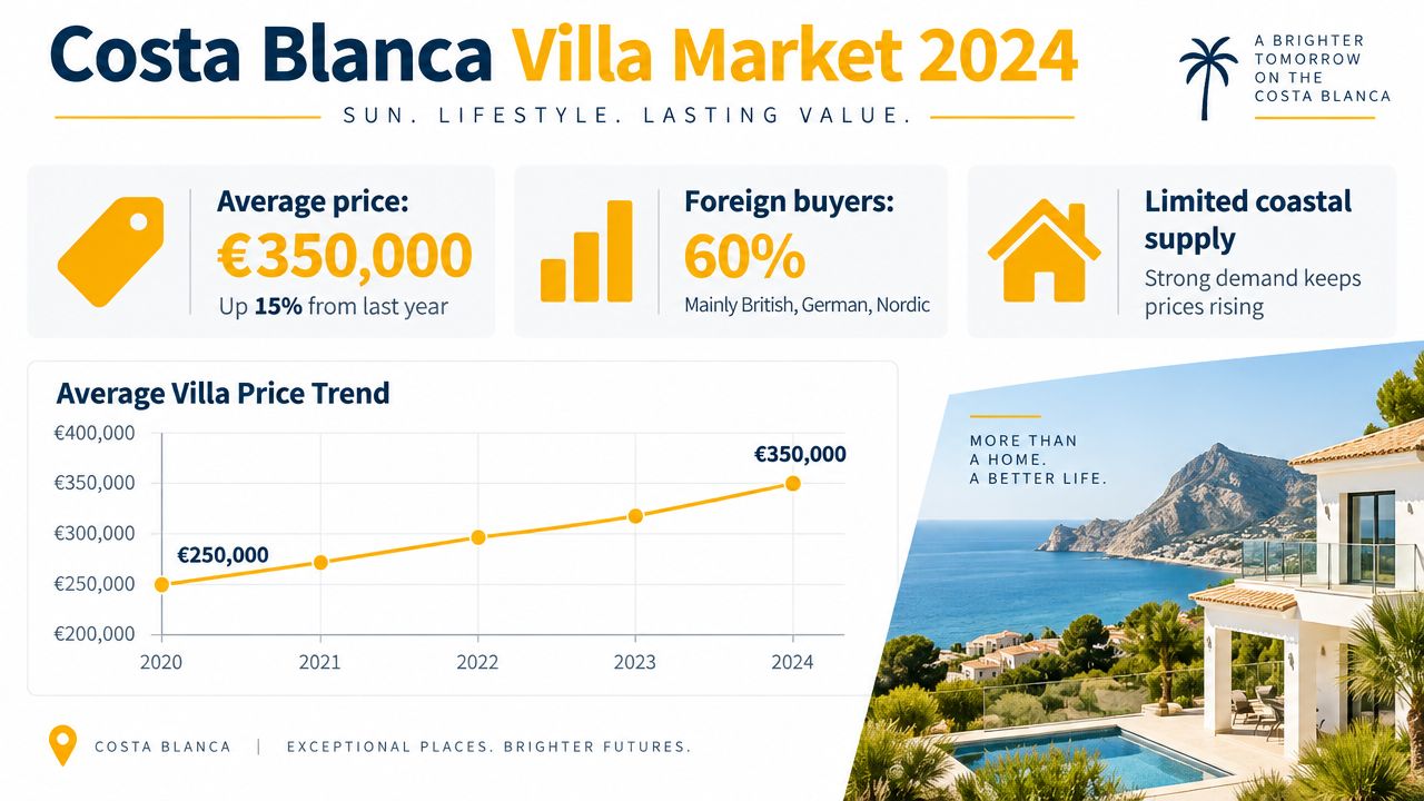 An infographic showing the 2024 Costa Blanca villa market trends, featuring price growth and foreign buyer statistics.