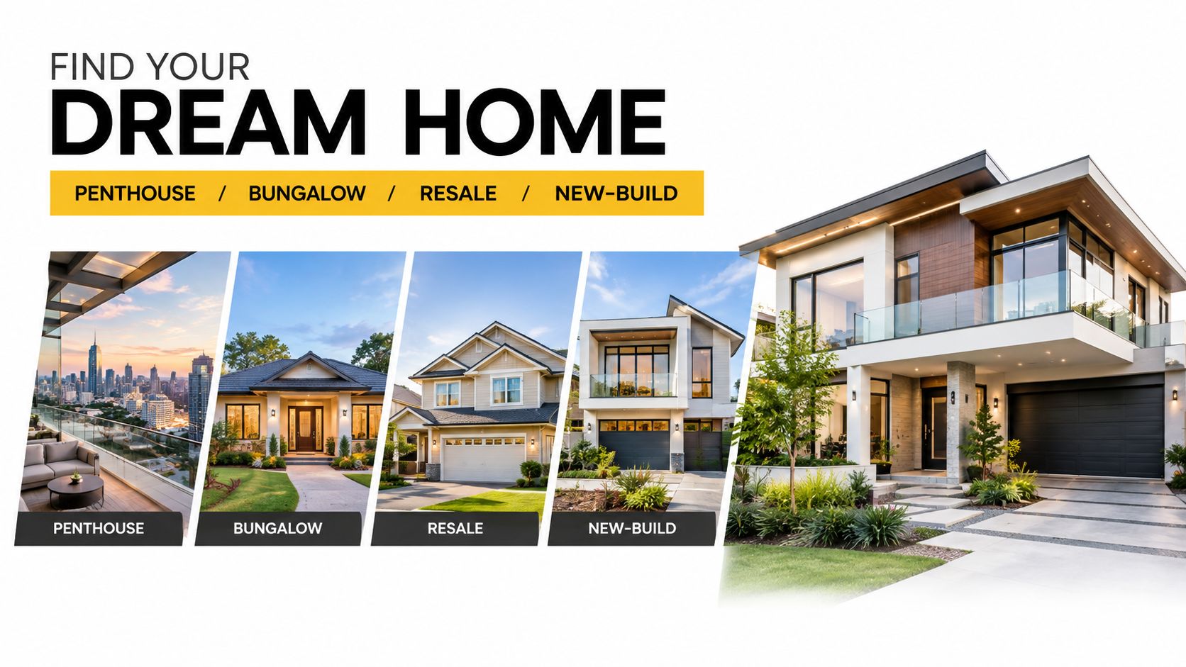 A real estate advertisement featuring various home types including penthouses, bungalows, and modern residential buildings.
