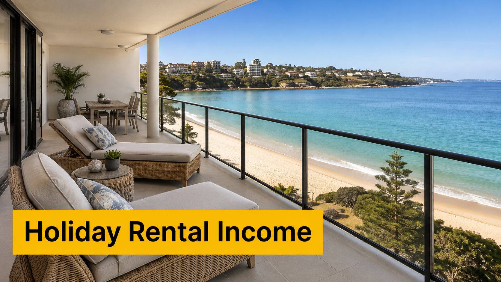 A luxurious balcony with beach lounge chairs overlooking a stunning coastal view and sandy beach.