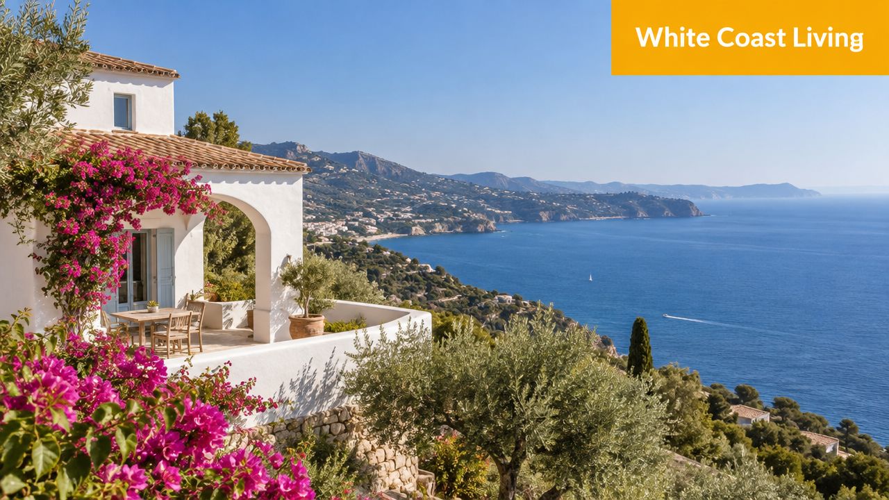 A beautiful white Mediterranean villa terrace overlooks a vast blue sea with a mountainous coastal landscape.
