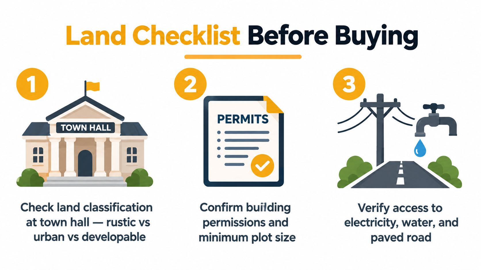 A checklist infographic illustrating three essential steps to verify before purchasing land for building a home.
