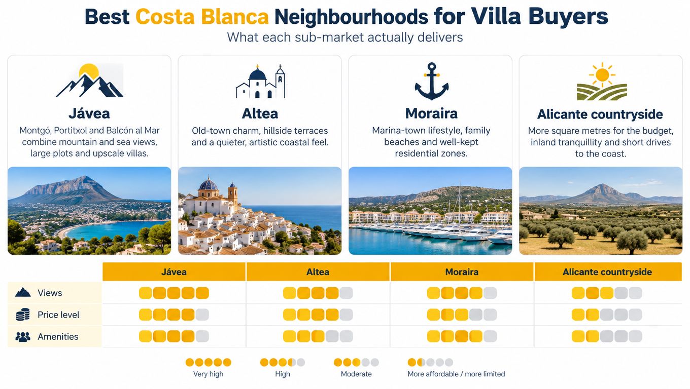 A comparison chart of top Costa Blanca neighborhoods including Jávea, Altea, Moraira, and the Alicante countryside.