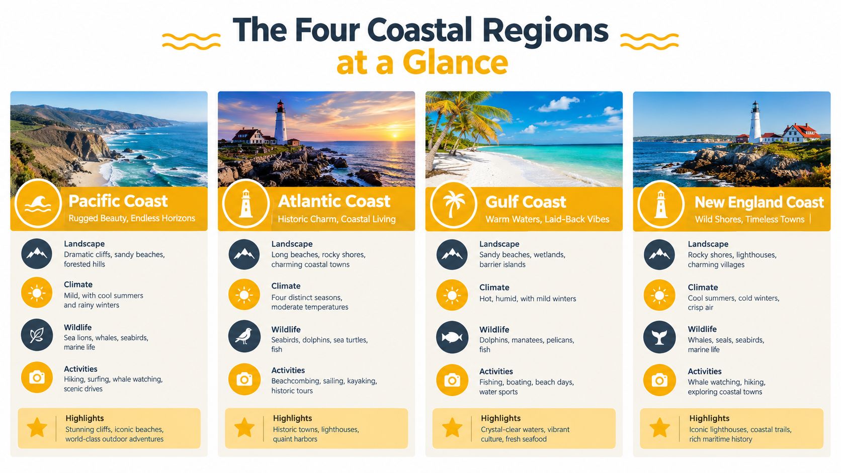 A visual guide comparing the landscapes, climates, wildlife, and activities of four distinct coastal regions in the USA.
