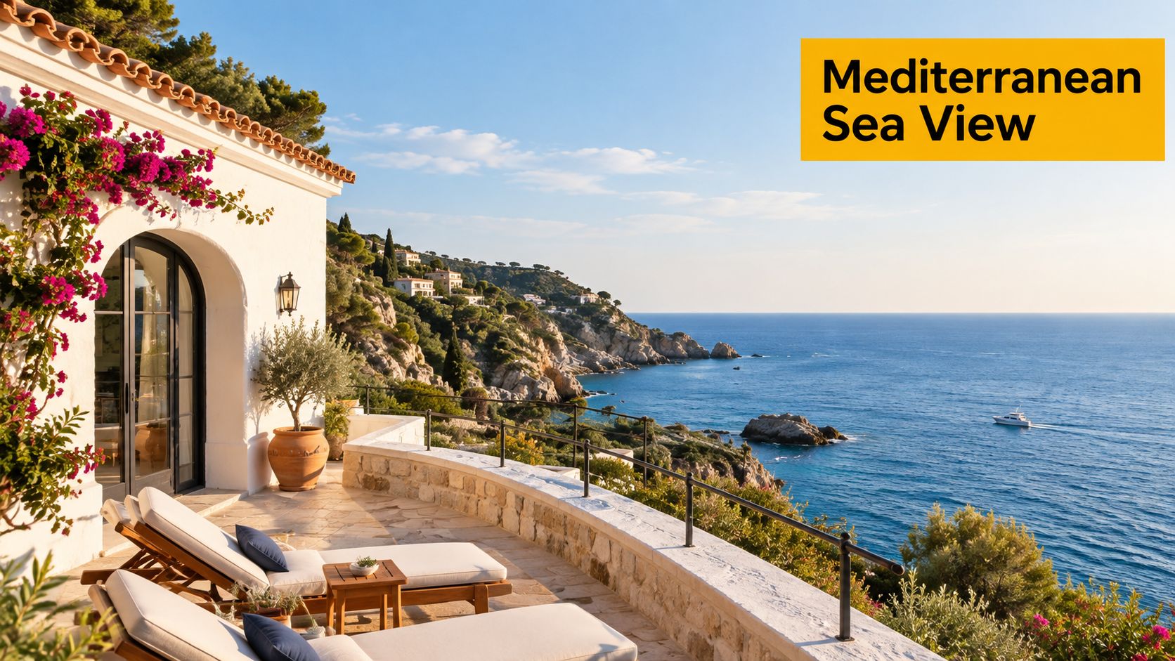 A luxurious terrace with lounge chairs overlooking a stunning Mediterranean coastal view with a boat on water.