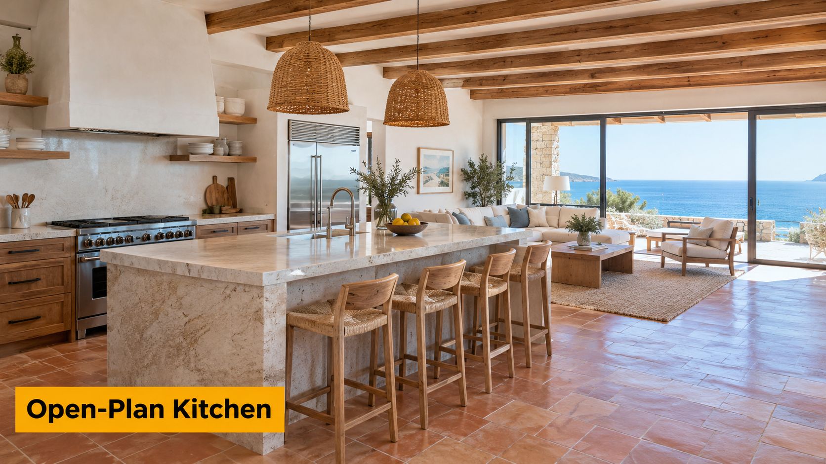 A luxurious, open-plan kitchen with a large marble island and panoramic views of the blue ocean.