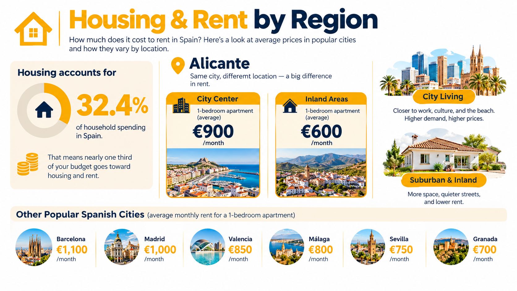 An infographic showing the average monthly rent for one-bedroom apartments in various popular Spanish cities.