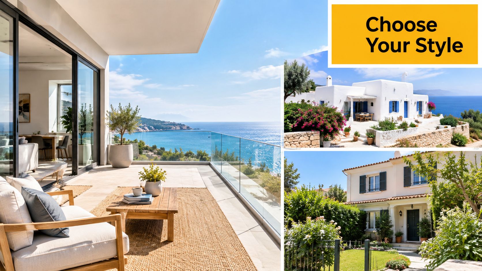 A collage showing a luxury modern terrace overlooking the sea, a white Mediterranean villa, and a classic suburban home.