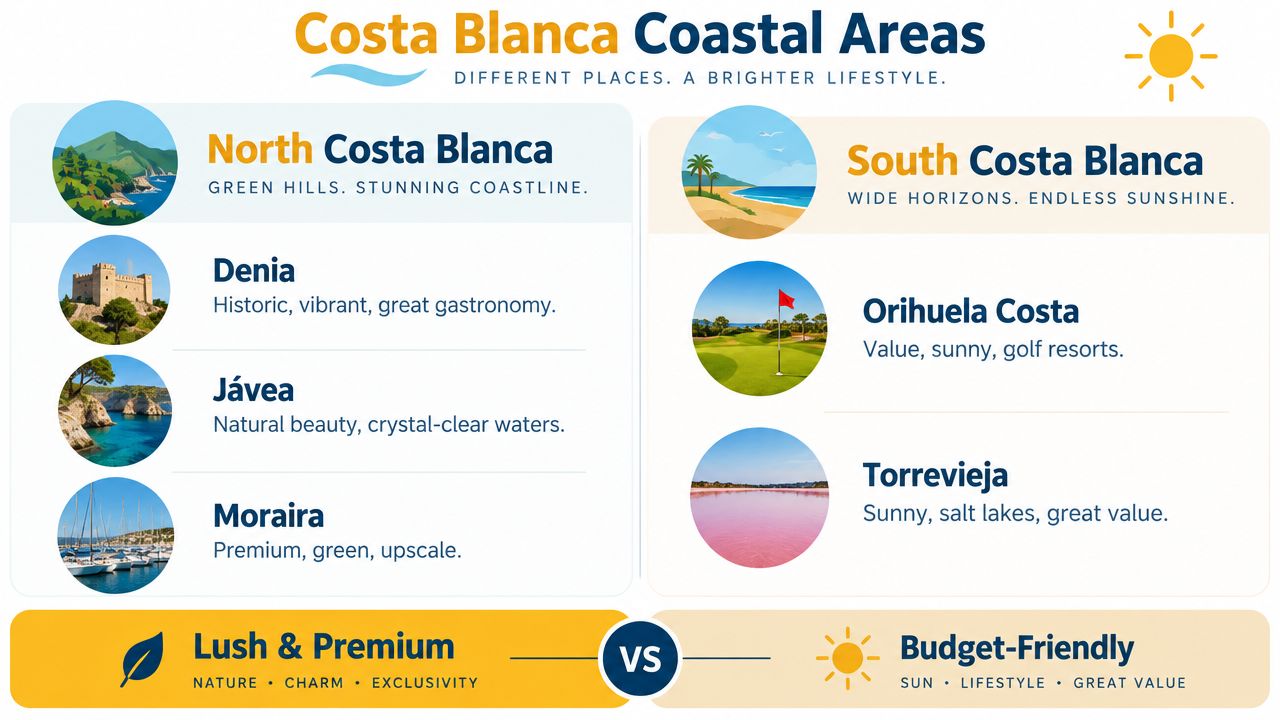 A comparison infographic between the lush, premium North Costa Blanca and the sunny, budget-friendly South Costa Blanca.