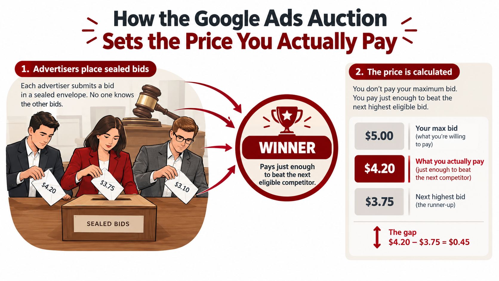 An infographic showing how the Google Ads auction determines the final price paid by advertisers.