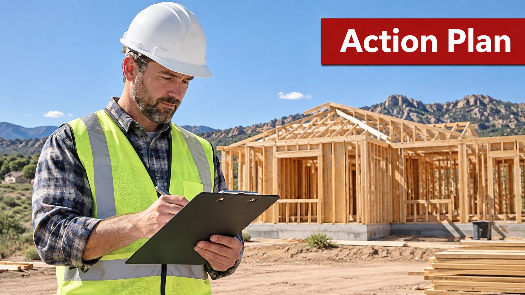A construction site manager in a hard hat and safety vest reviewing an action plan on a clipboard.