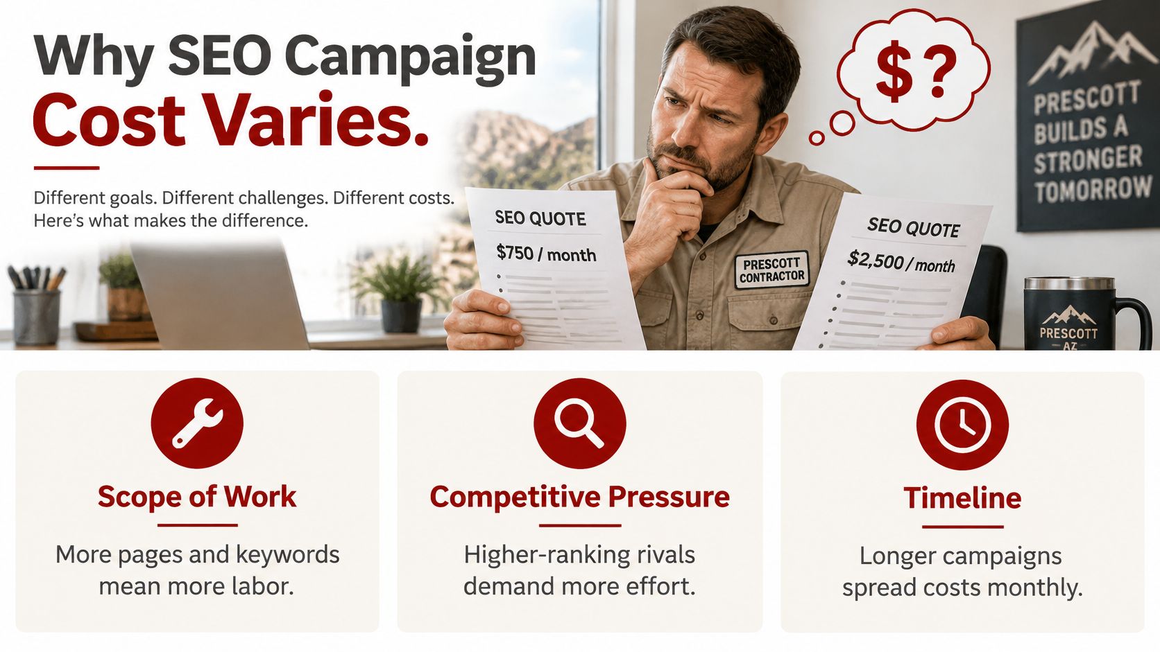A professional comparing two different monthly SEO quotes while considering the factors that impact campaign costs.