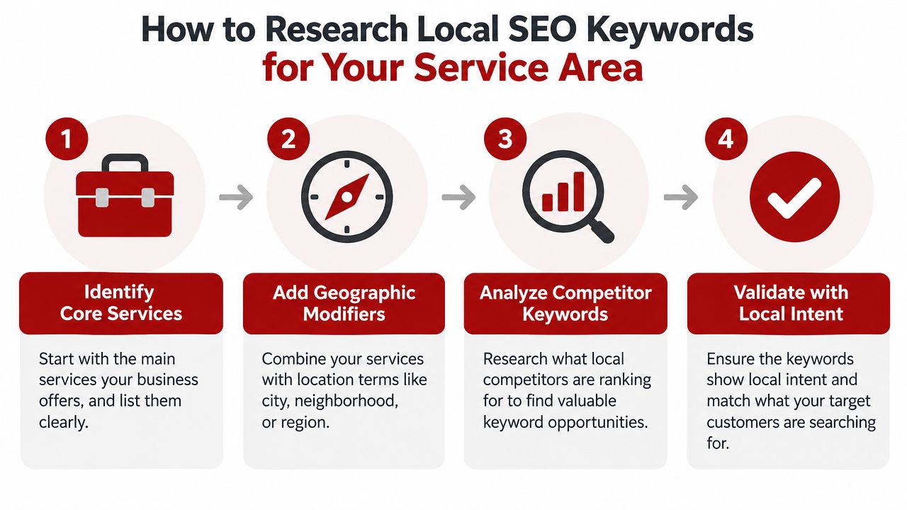 A four step infographic illustrating how to research local SEO keywords for your service area business.