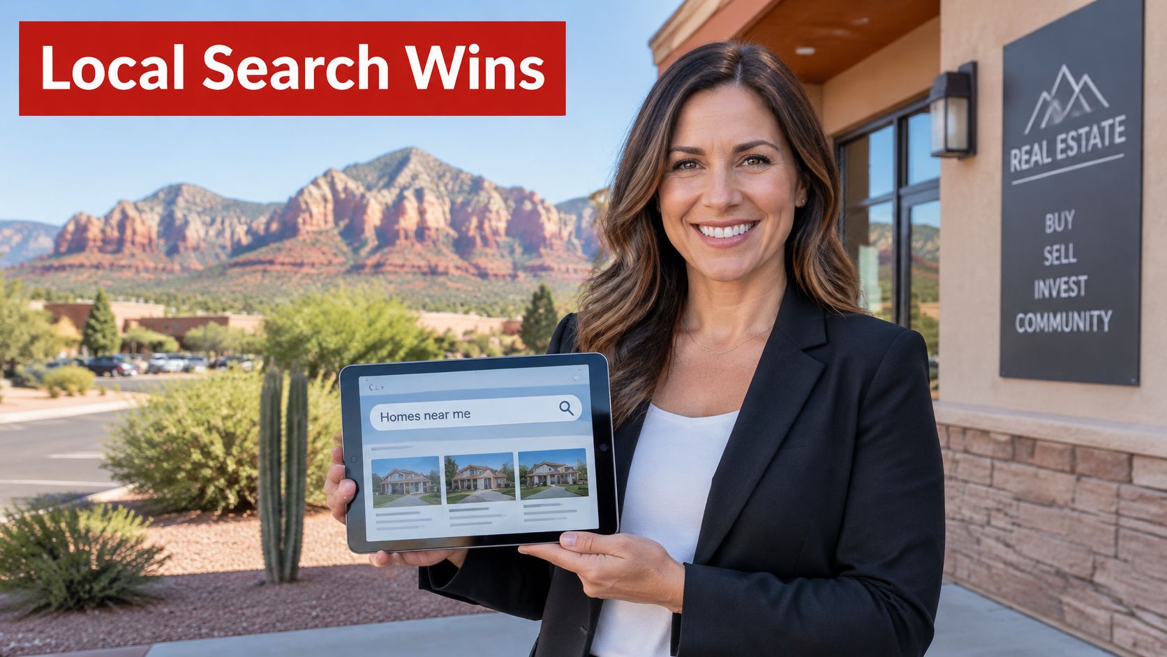 A professional real estate agent holding a digital tablet showcasing a local home search website interface.