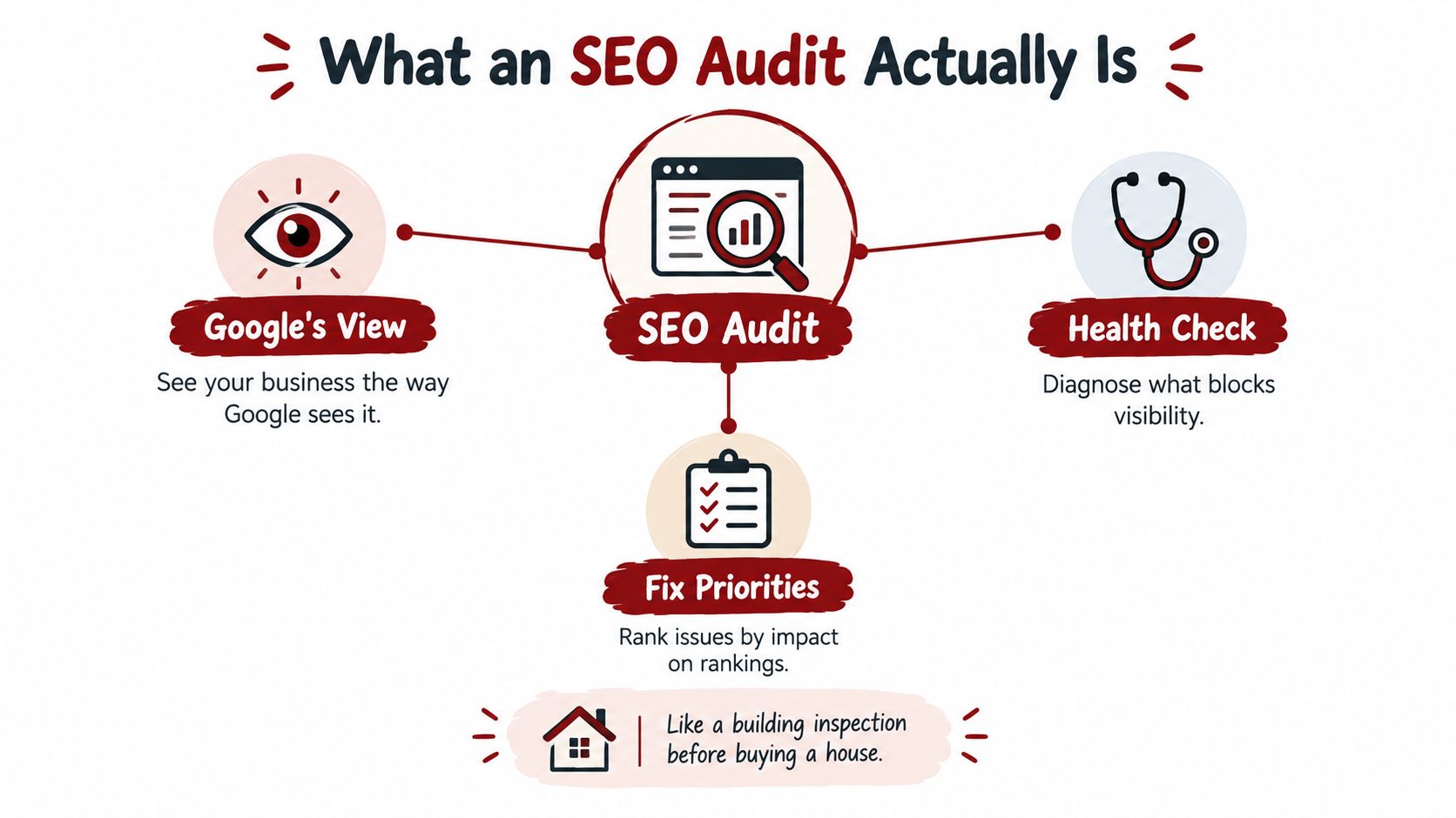 A diagram explaining that an SEO audit provides a business health check and identifies ranking improvement priorities.