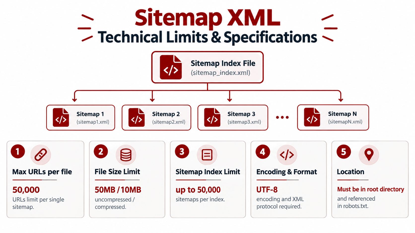 A diagram outlining the technical specifications and limits for Sitemap XML files including size, count, and formatting.