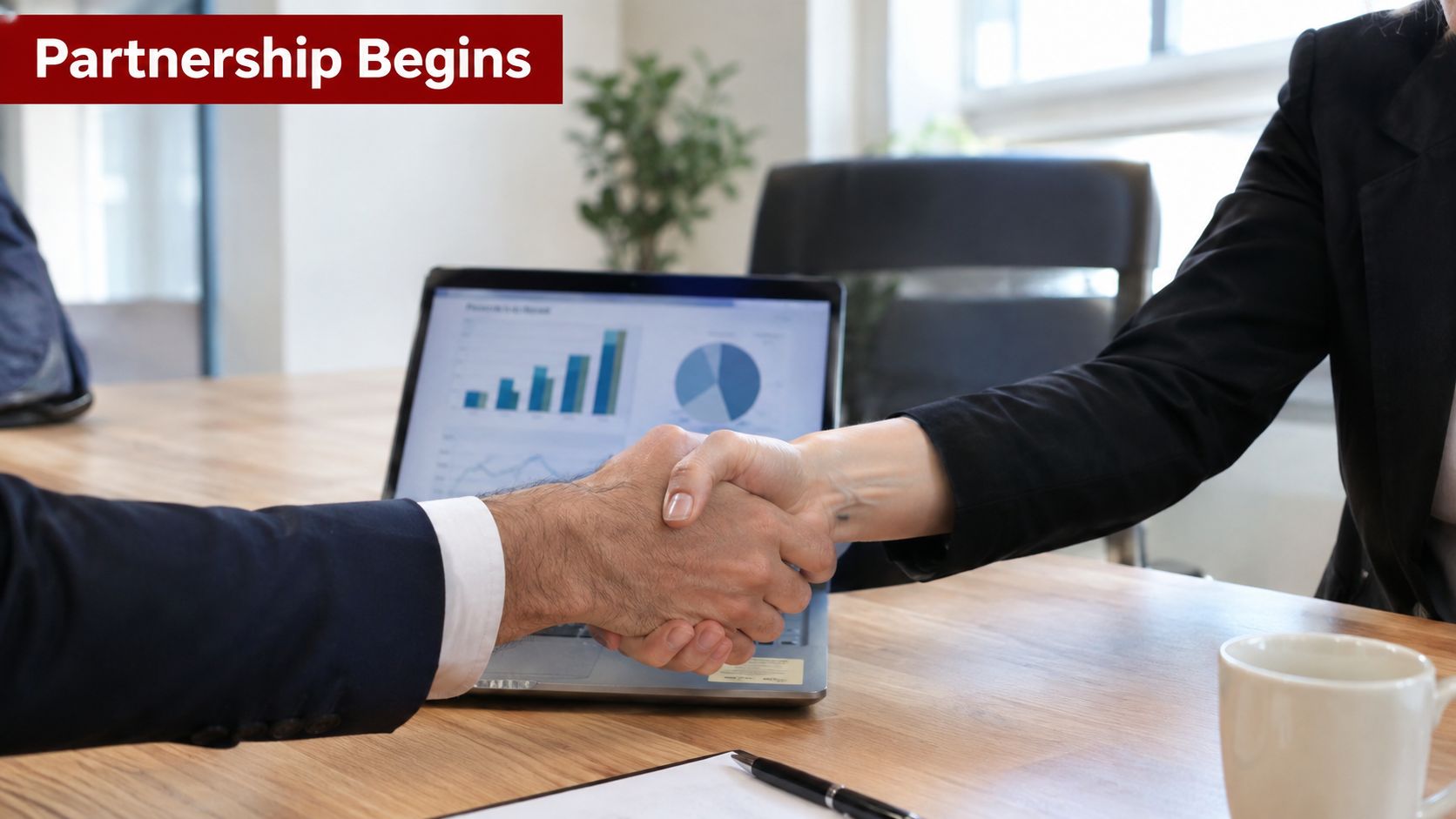 A professional business partnership handshake between two colleagues across a desk with a laptop and coffee.