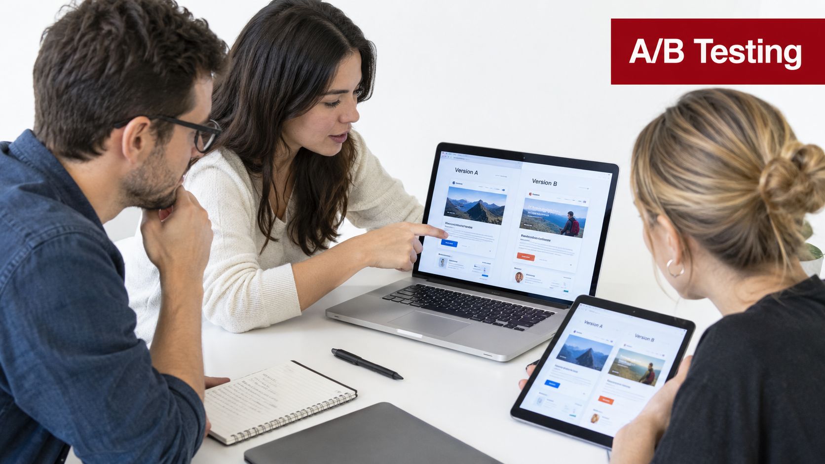 A diverse team collaborating in an office while analyzing A/B testing data on laptop and tablet screens.