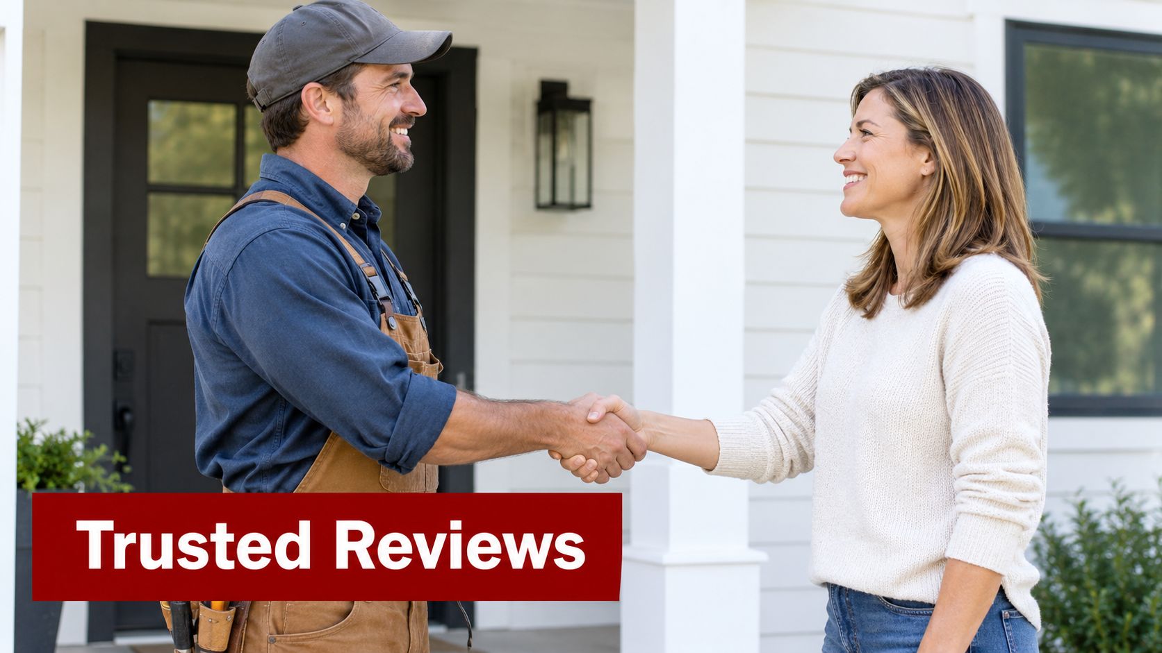 A professional repairman and a homeowner shaking hands in front of a house for trusted reviews.