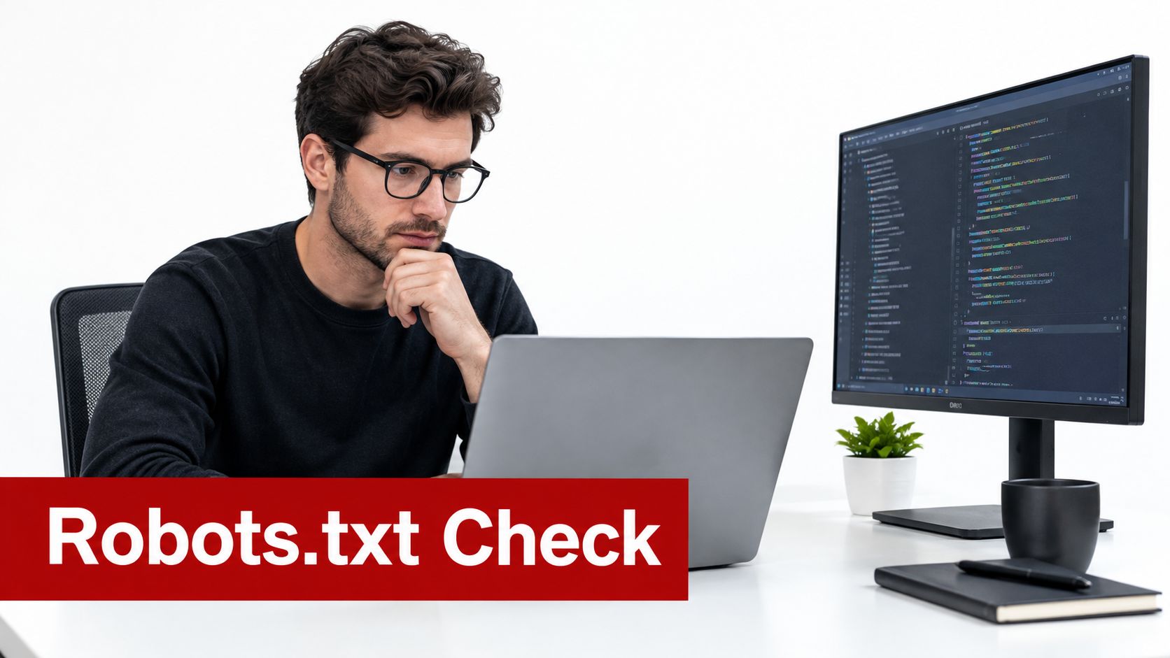 A professional software developer working on code on a laptop and external monitor with a thoughtful expression.