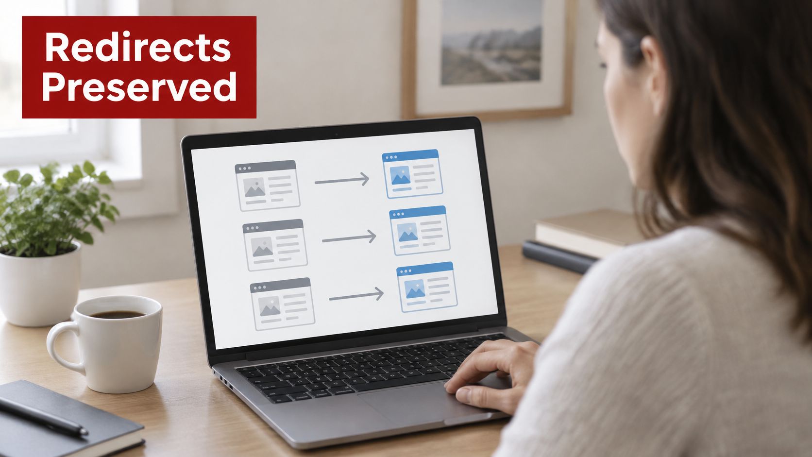 A person working on a laptop displaying a diagram showing website redirects preserved during a redesign process.