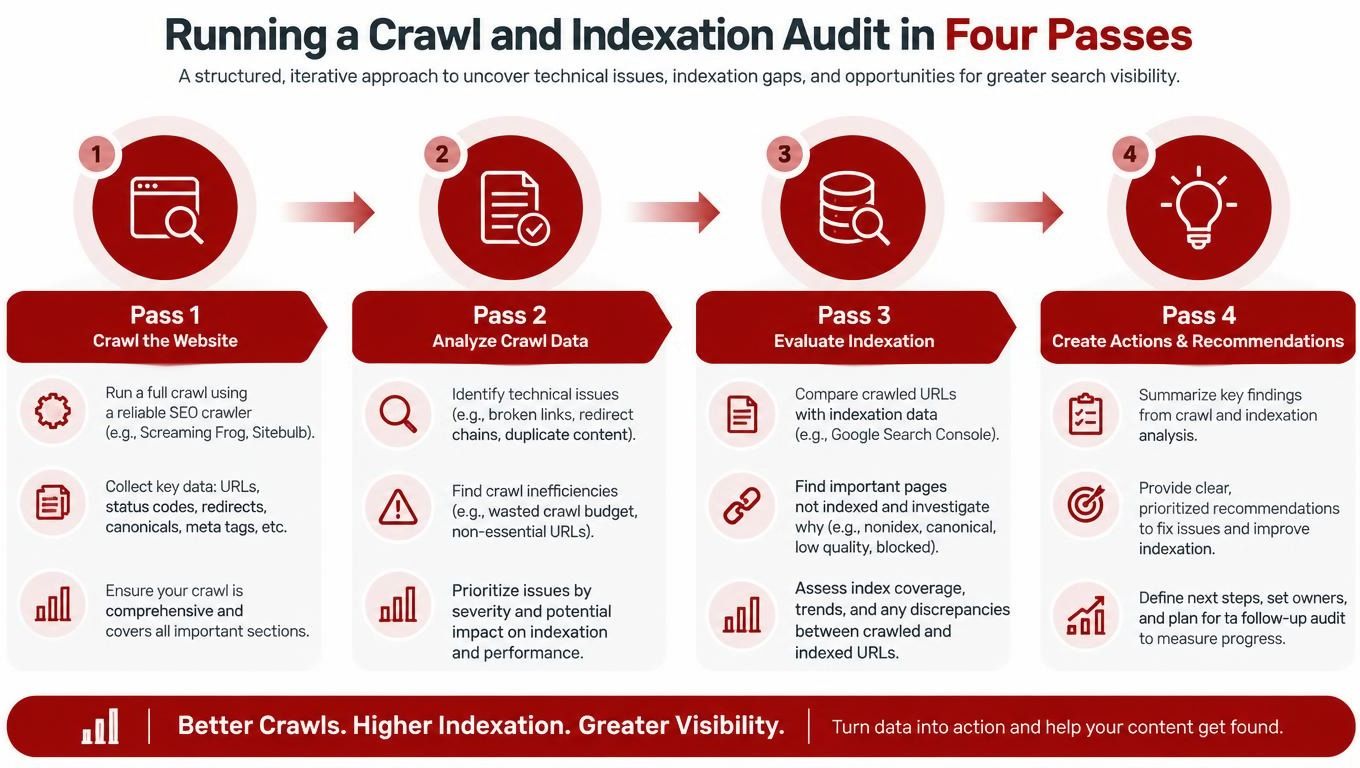A four-step infographic illustrating a structured process for conducting a technical SEO crawl and indexation audit.