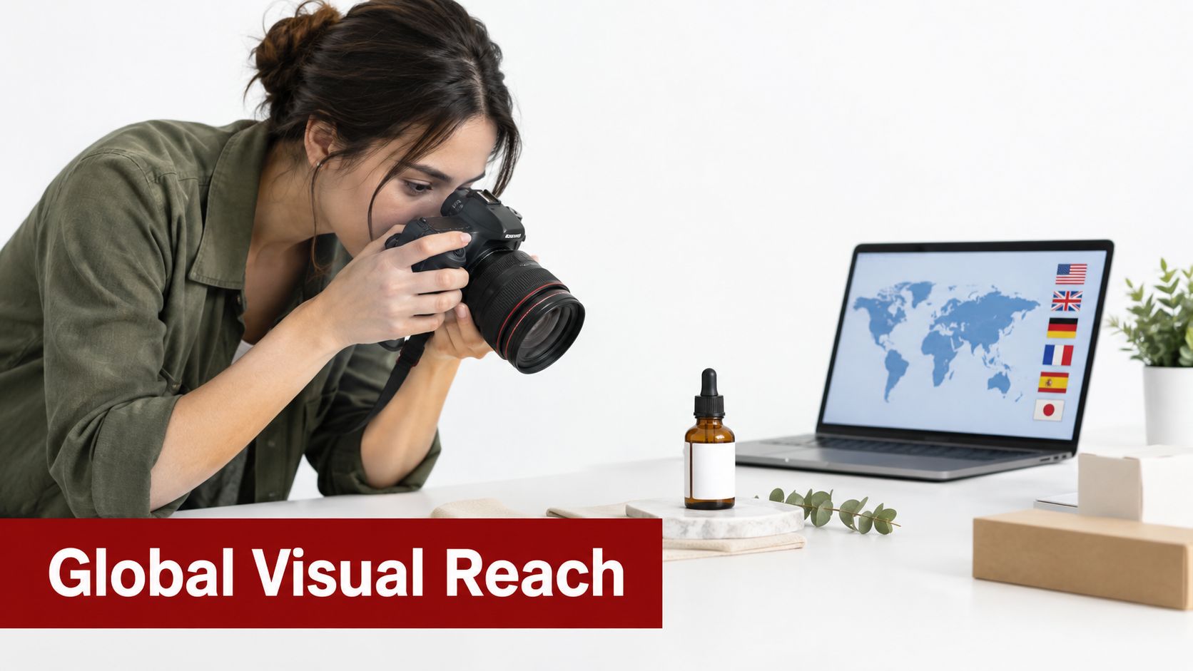 A professional photographer taking photos of a cosmetic bottle with a global reach graphic on a laptop
