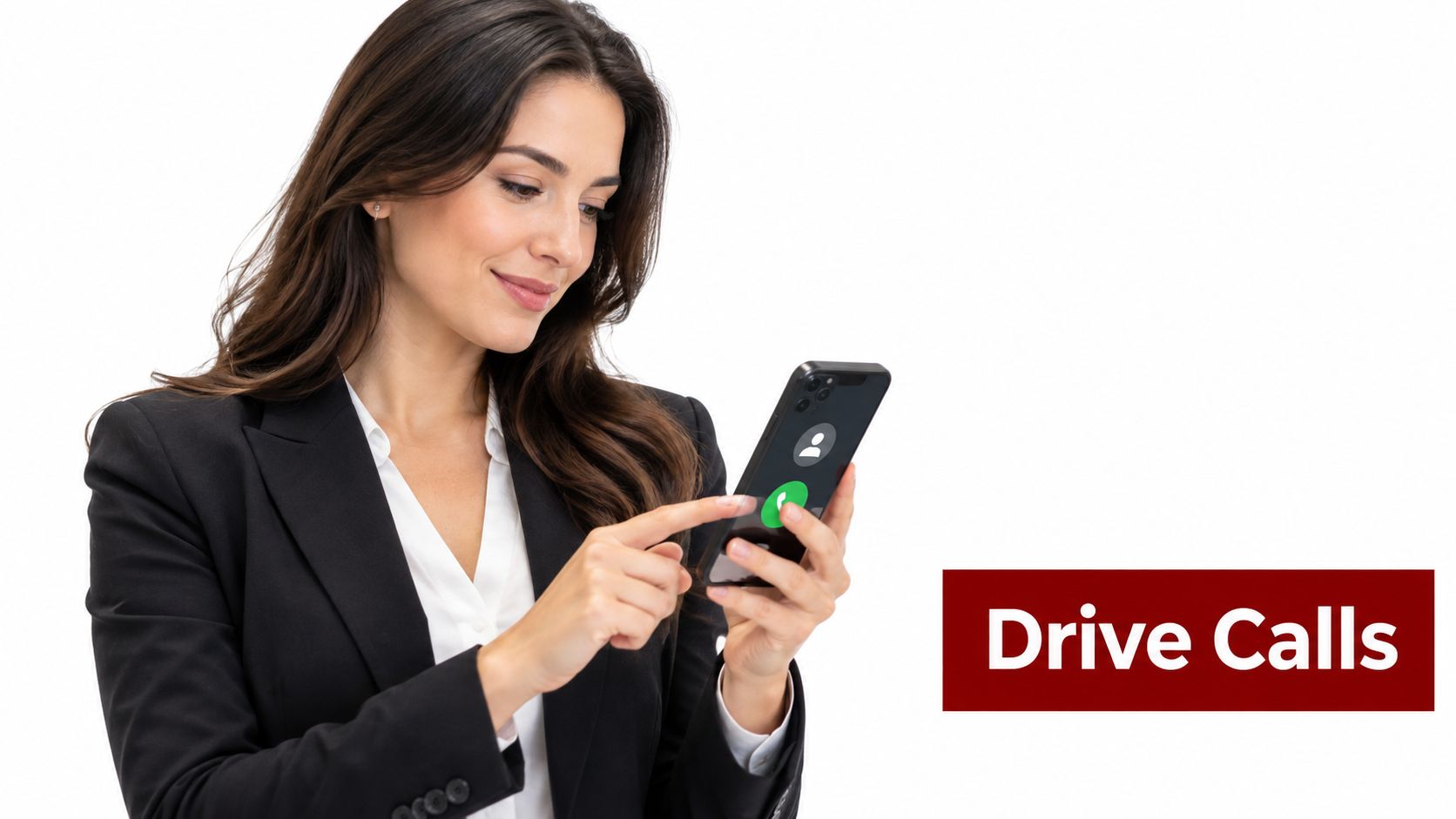 A professional woman in a business suit holding a smartphone while using a call-to-action feature.