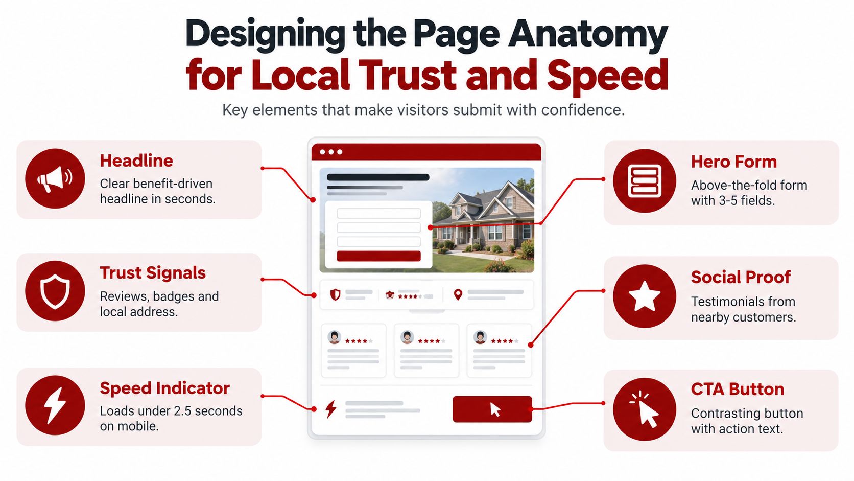 An infographic detailing the anatomy of a high-converting landing page for local trust and speed.