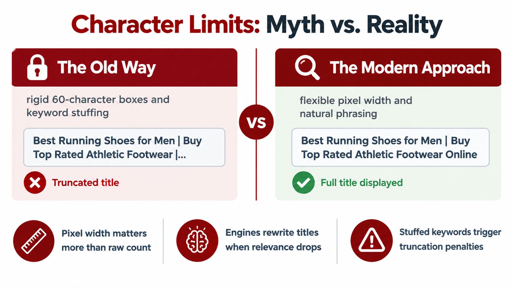 An infographic comparing the old method of rigid character limits for SEO titles versus modern flexible pixel width.
