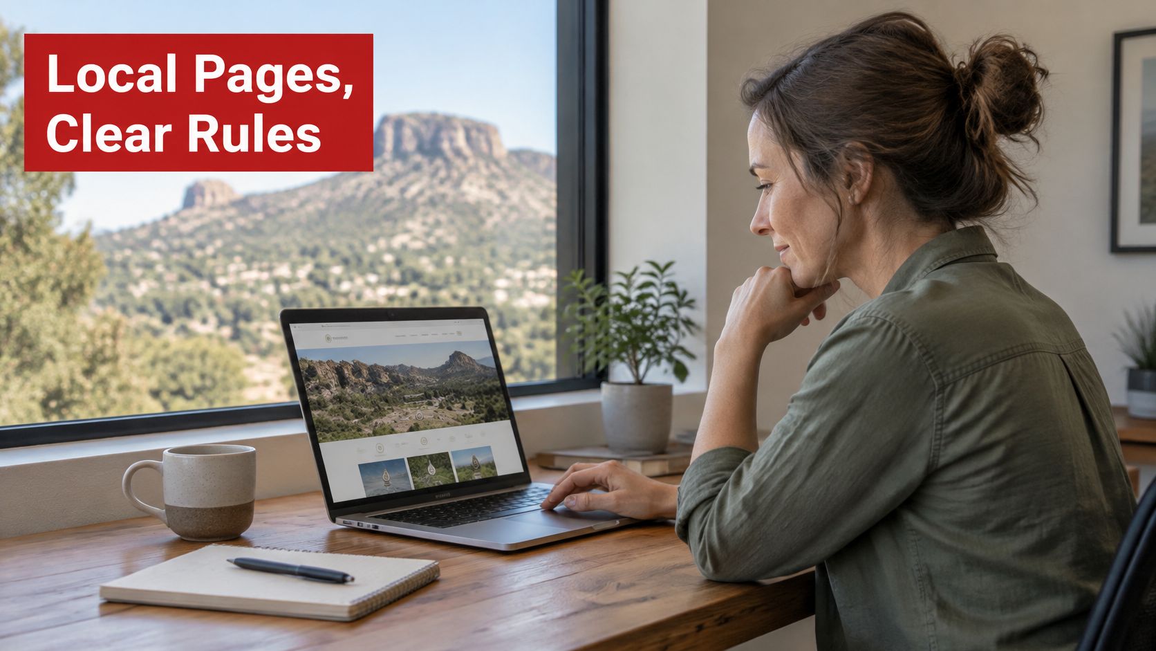 A woman sits at a desk with a laptop, looking at a website while overlooking mountains.