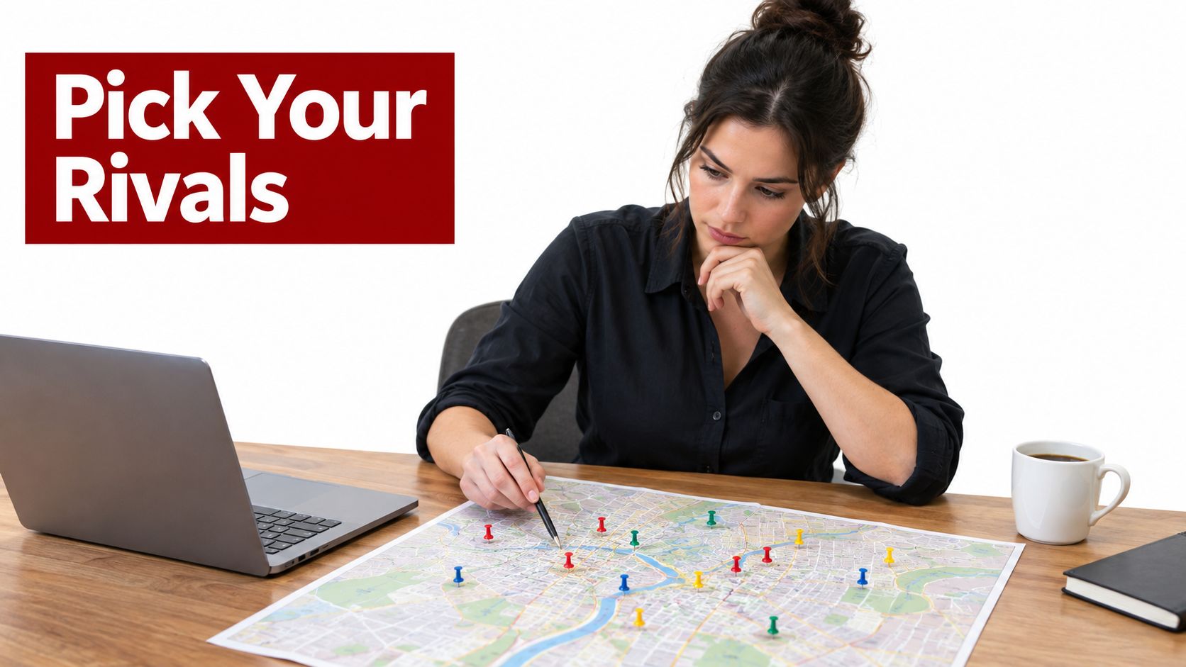 A professional woman studying a city map with location pins while working at her desk.