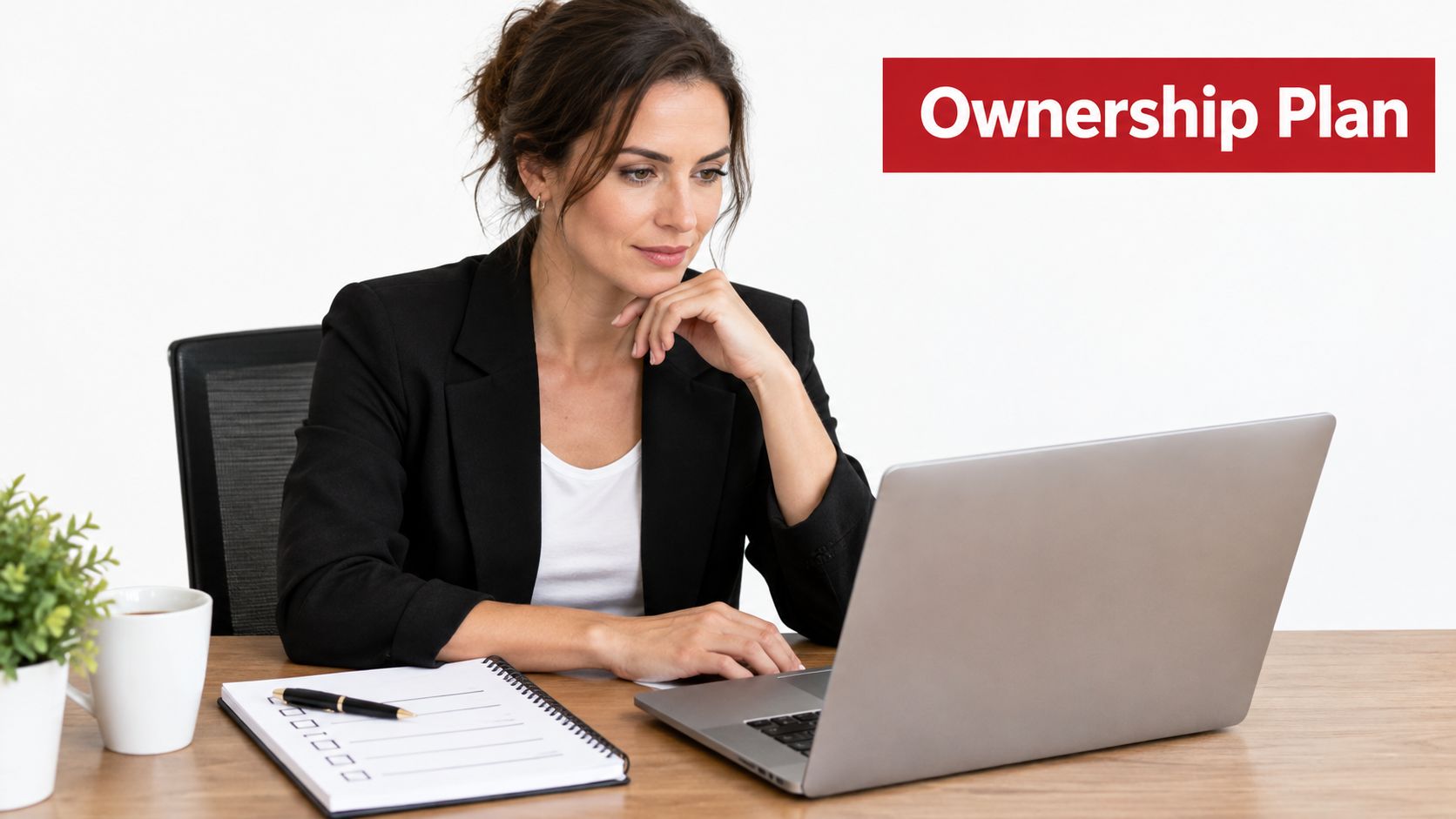 A professional businesswoman looking at her laptop screen while sitting at a desk with an ownership plan.