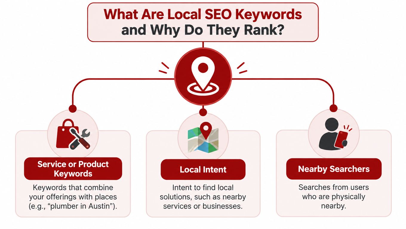 A diagram explaining local SEO keywords, featuring categories for service keywords, local intent, and nearby searchers.