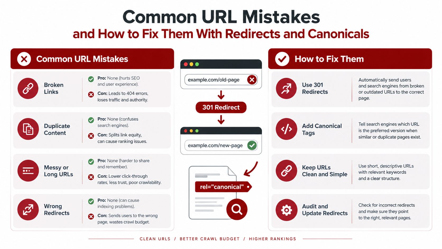 An infographic showing common URL mistakes like broken links and duplicate content, plus solutions using 301 redirects and canonicals.