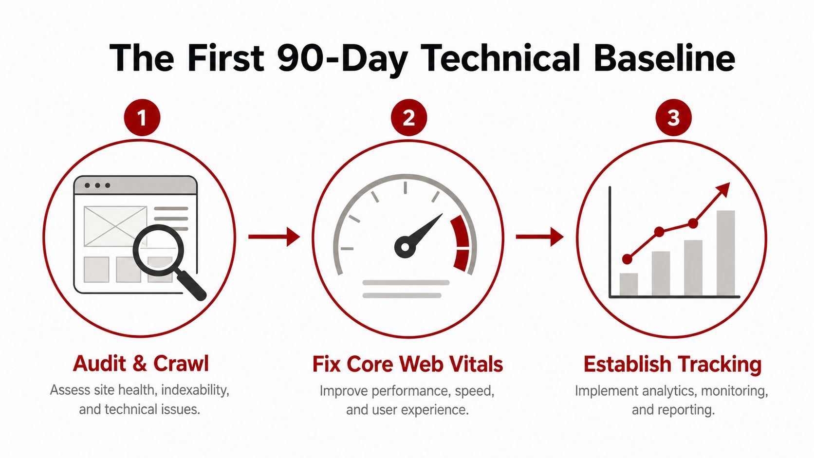 A three-step technical SEO baseline process for websites consisting of auditing, fixing performance, and establishing tracking.