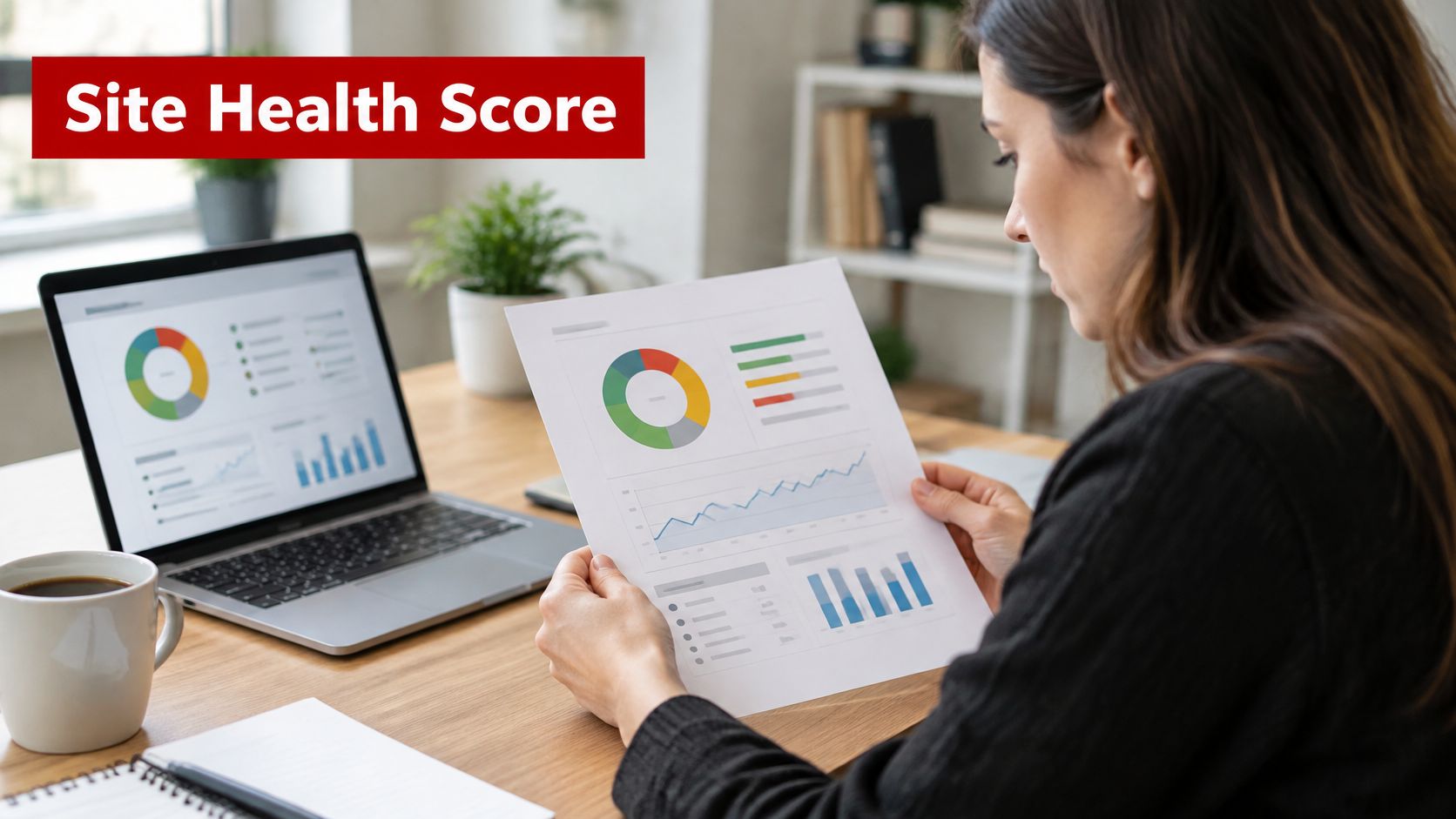 A professional analyzing a digital site health score report with charts on a laptop and paper.