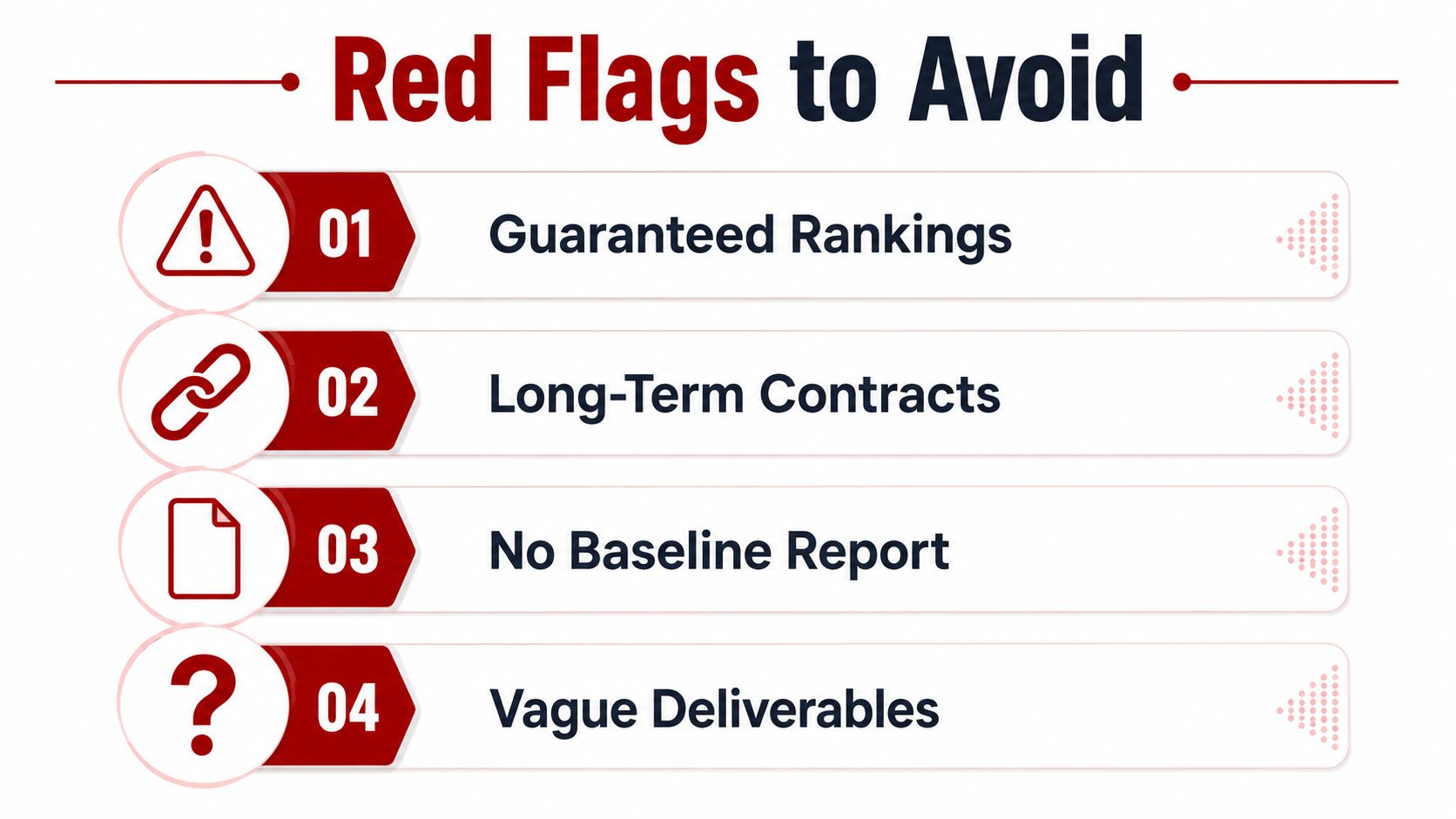 A list of four SEO red flags to avoid when hiring an agency for digital marketing services.