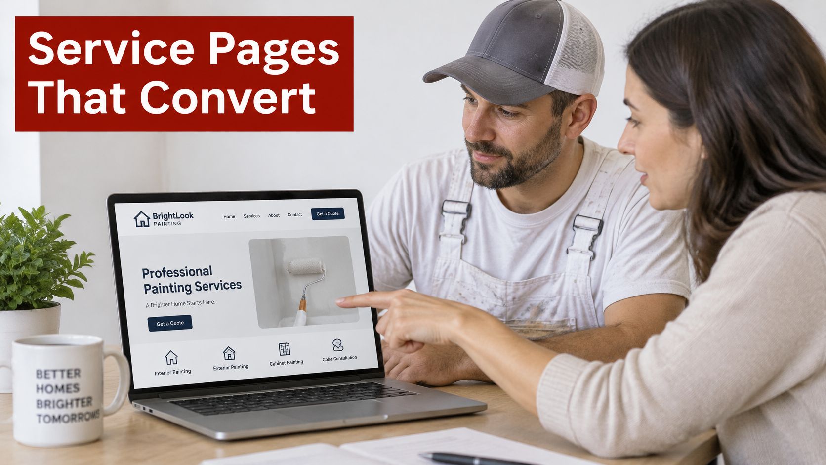 A professional painter and a homeowner discuss a website design for BrightLook Painting services on a laptop.