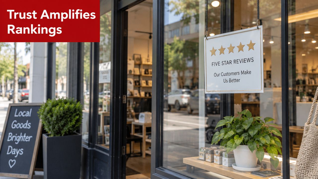 A store window displaying five star reviews with a sign that says our customers make us better.