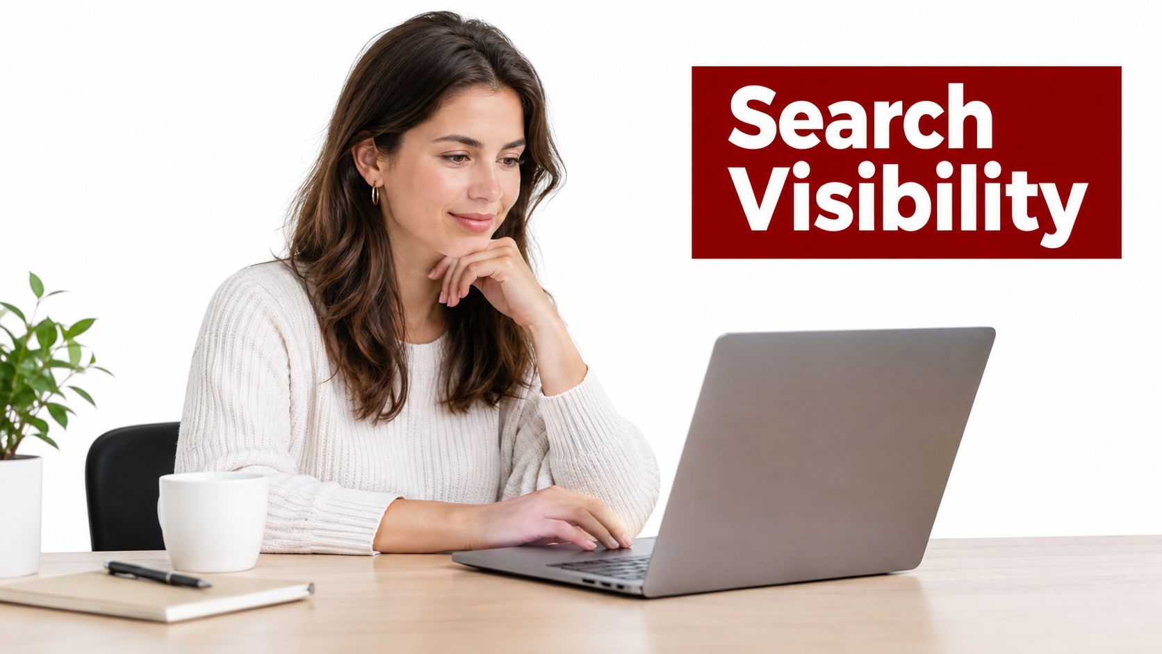 A smiling woman working on a laptop at a desk with the text Search Visibility displayed nearby.