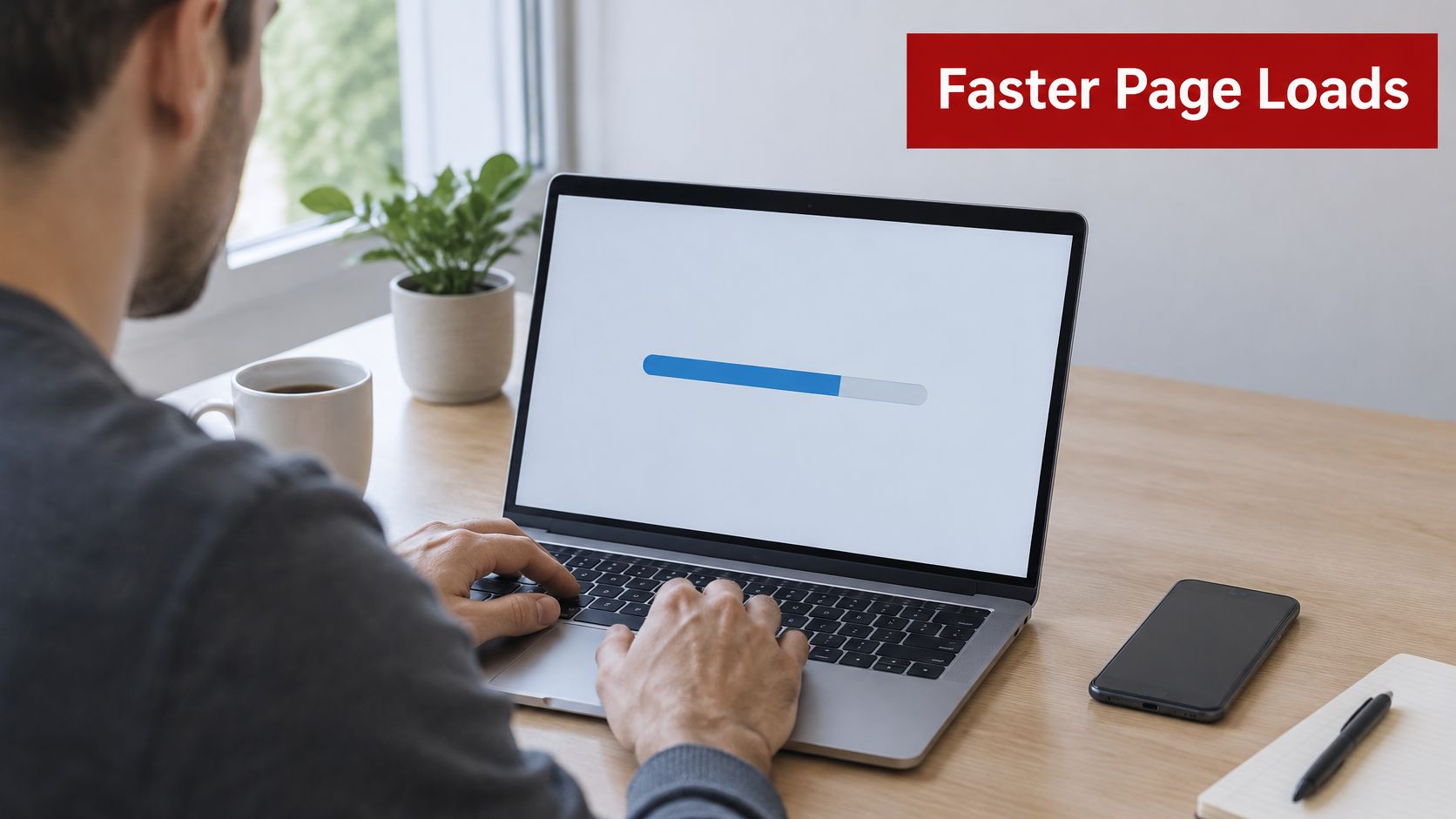 A person working on a laptop with a loading bar on screen, representing faster website page loads.
