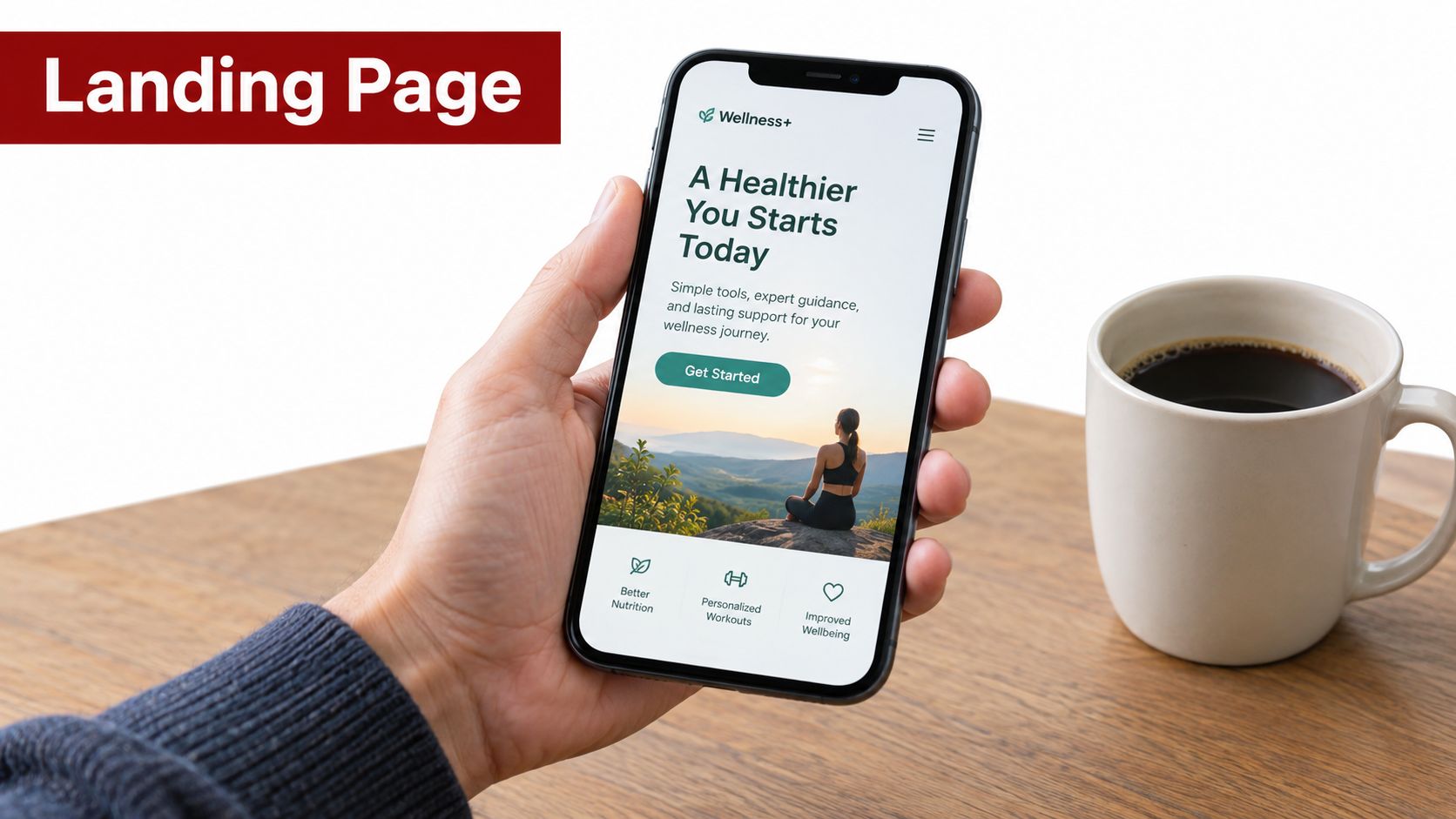 A smartphone held in a hand displaying a Wellness+ mobile app landing page interface for fitness tracking.