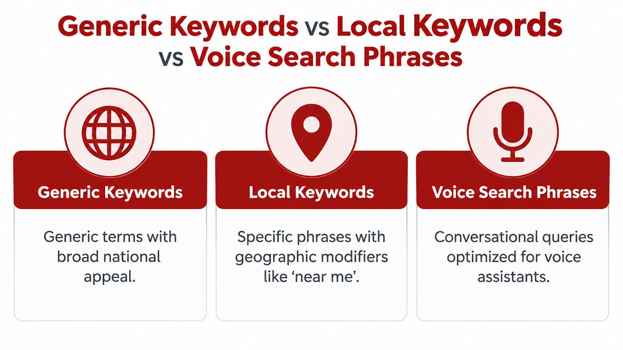 An infographic comparing generic keywords, local keywords, and voice search phrases with simple icons and descriptions.