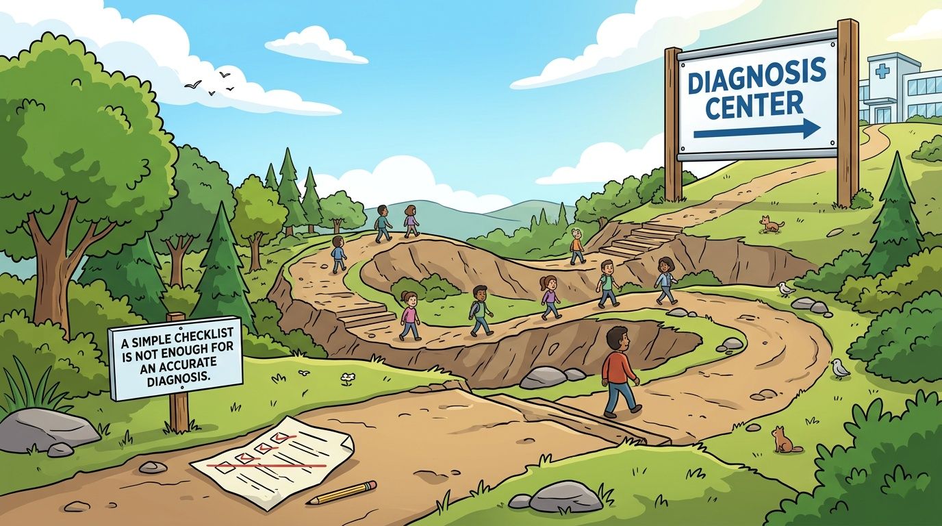 People walking on a winding path toward a diagnosis center, passing a discarded checklist and sign.