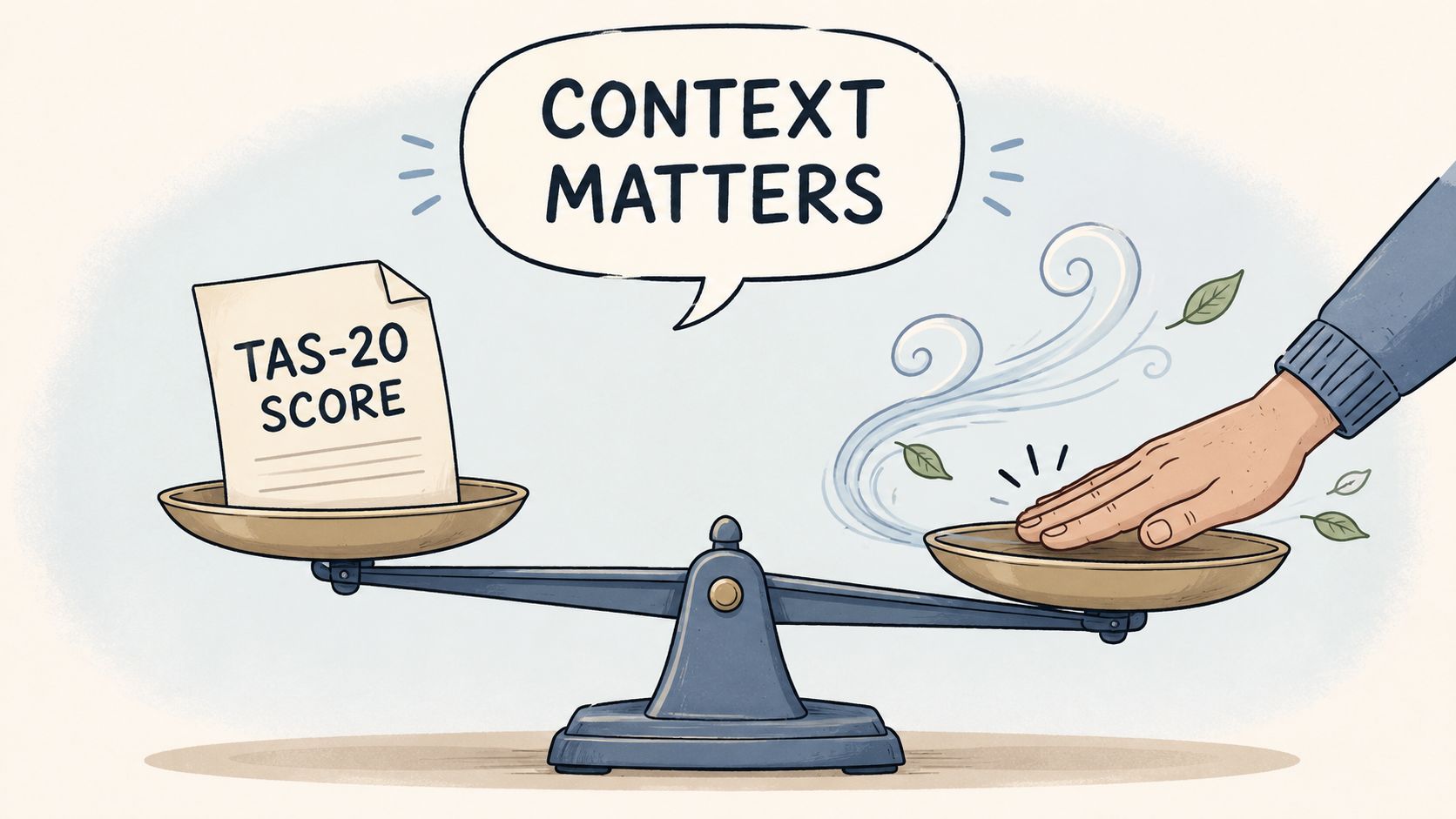 A scale balances a TAS-20 score paper against a hand pushing down the other side representing context.