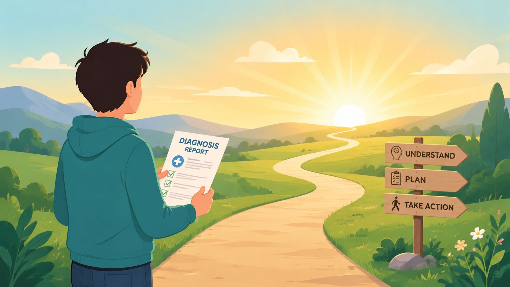 A person holding a medical diagnosis report while looking down a path toward a bright sunrise.