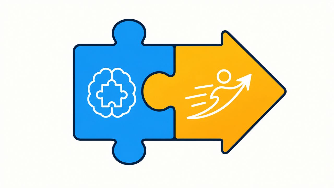 A blue puzzle piece with a brain icon joined to a yellow arrow showing upward growth.