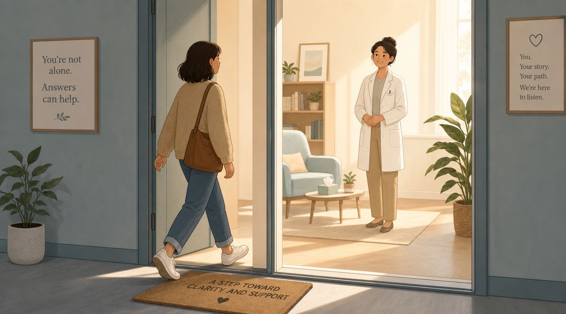 A person walks into a warm, inviting counseling office to meet with a female mental health professional.