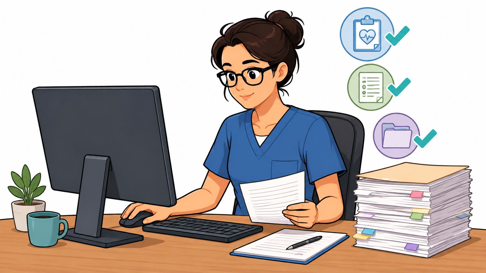 A female medical professional in blue scrubs working at her desk with documents and a computer.